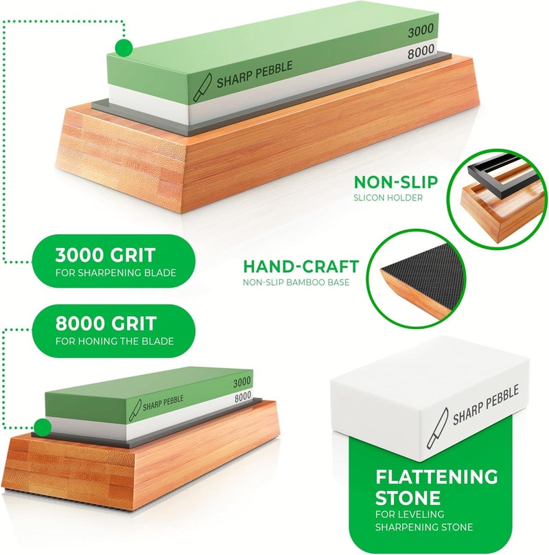 Sharp Pebble Premium Whetstone Knife Sharpening Stone 2 Side Grit 3000/8000 Wetstone Kit -Wetstone Kitchen Knife Sharpener with Non-Slip Bamboo Base & Flattening Stone - Image 2